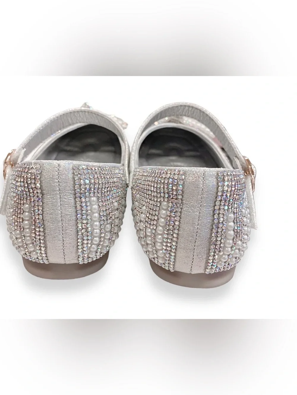 NWOB Doe a Dear Little Girls Pearl & Rhinestone Flat Shoes Bows - Size 11.5